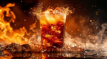 A dynamic ultra-wide shot of a cup of cola with ice surrounded by flames and splashes.