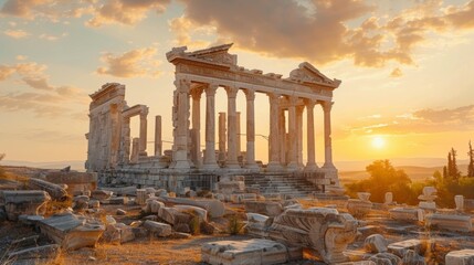 Fototapeta premium The ruins of Trajaneum, the temple on Acropolis of Bergama in Turkey, with a stunning sunset in the background.