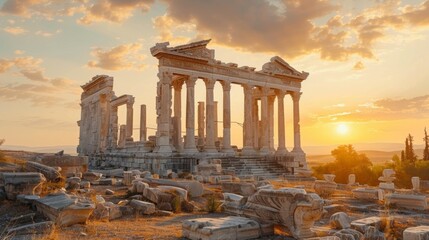 The ruins of Trajaneum, the temple on Acropolis of Bergama in Turkey, with a stunning sunset in the background.