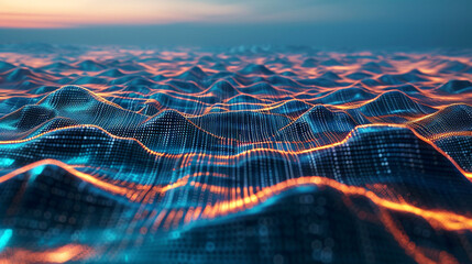 A vast, undulating digital terrain, seen from a distance, with sharp peaks and valleys illuminated by a grid of glowing, digital lines. 
