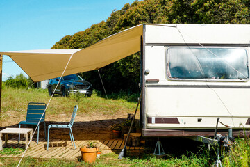 trailer of mobile home.  travel in native country on caravan or camper van and camping life