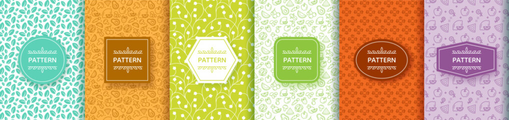 Food patterns. Healthy vegan fruit icons. Organic health diet logo. Green or detox vegetarian line floral label. Vegetable products. Botanical package stickers. Vector backgrounds set