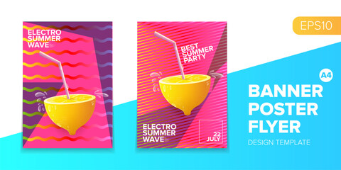 Vector electronic music summer party poster background Pink club party flyer or creative banner with abstract waves and fresh lemon. Hello summer party design template