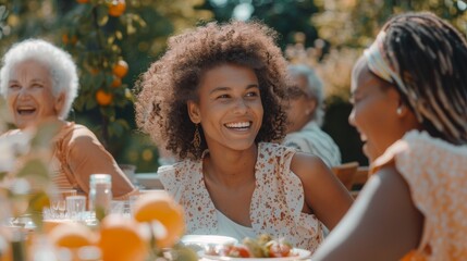 Laughing Multiethnic Female Talking with a Senior Woman at a Summer Garden Party. Children, Adults, and Older People Gathered at a Table to Enjoy Food and Have Fun. - Powered by Adobe