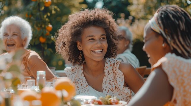 Laughing Multiethnic Female Talking with a Senior Woman at a Summer Garden Party. Children, Adults, and Older People Gathered at a Table to Enjoy Food and Have Fun.