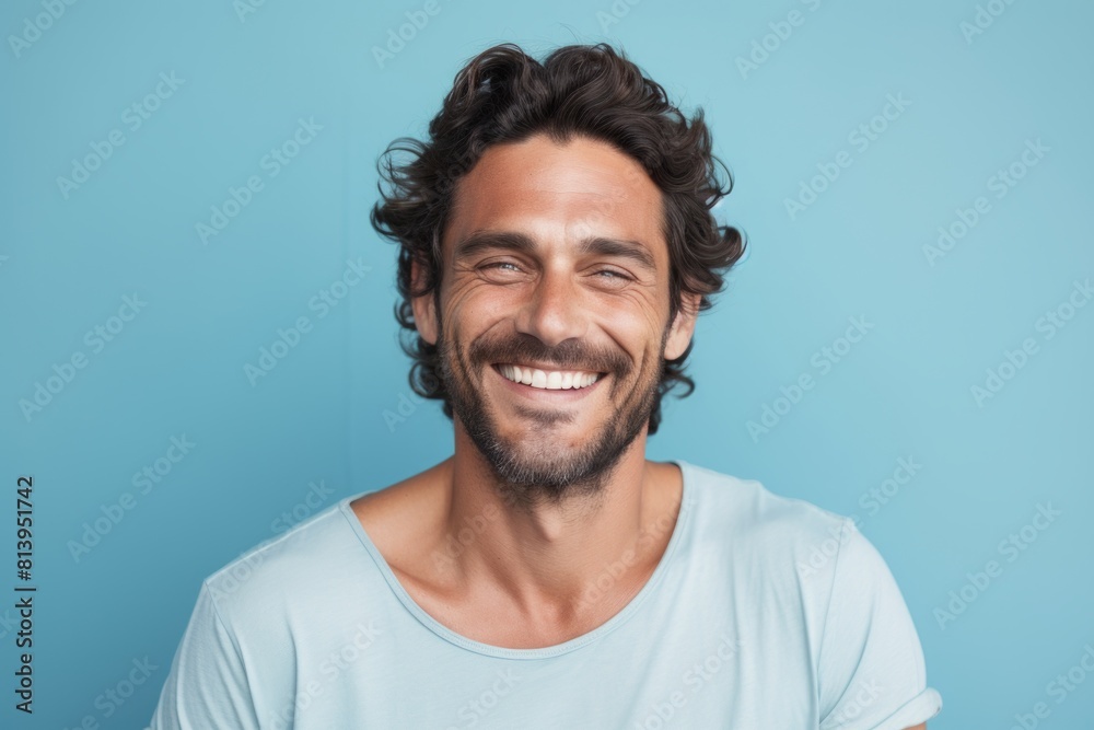 Wall mural Portrait of a blissful man in his 30s smiling at the camera in front of pastel blue background - Wall murals