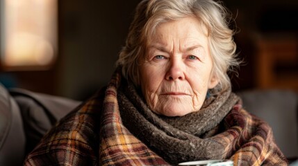 Elderly woman in plaid shawl holds a hot cup, looking contemplative and warming hands indoors.