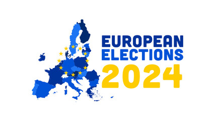 A map of Europe highlighted in blue with EU stars, emphasizing the significance of the European Elections 2024.