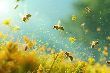 A beautiful scene of bees flying over a field of colorful flowers. Perfect for nature and gardening concepts