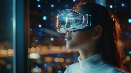 An office video conference call features a businesswoman wearing VR glasses talking with her virtual colleague via an augmented reality hologram.