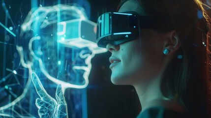 Virtual Reality Hologram of Digital Employee in Augmented Reality Metaverse. Businesswoman wearing virtual reality glasses on a video conference call.