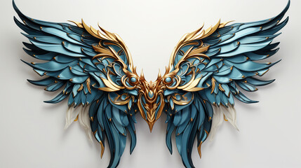 Contemporary Art Of Gold And Blue Feathered Wings On White Background