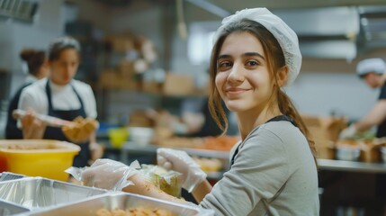 Young Volunteer Working in Charity Food Bank Giving Free Food to People in Need. Attractive, positive person who works in a Humanitarian Aid Center.
