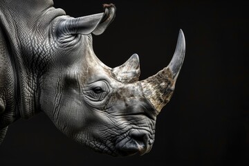 Fototapeta na wymiar A detailed view of a rhino against a dark backdrop. Ideal for wildlife and conservation projects