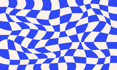 Groovy psychedelic blue checkerboard vector background. Retro 70s abstract wavy checkered pattern
