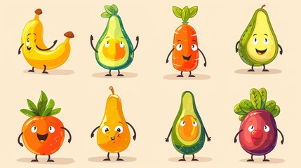 Cartoon illustration set with happy avocado, banana, pear, carrot and potato cartoon characters. Food fitness workout for the gym with banana, avocado, pear, carrot and potato drawing icons.