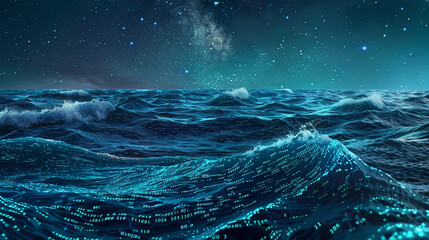 An expansive, digital ocean with waves composed of binary code, cresting and falling against a backdrop of a starry night sky.