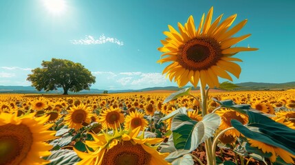A vibrant sunflower field under a bright blue sky with scattered clouds and a lone tree in the distance.