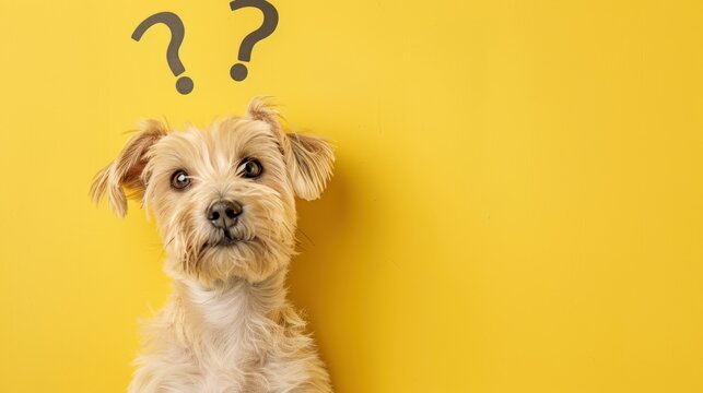 Cute confused little dog with question marks isolated on yellow background