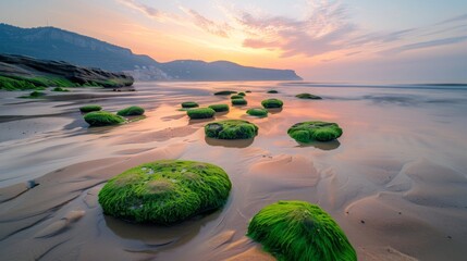 Serene sunrise at Playa de Barrika with moss-covered rocks on the sandy shore, under a soft pink...