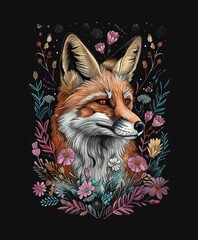 Naklejka premium Majestic Fox Amidst Vibrant Wildflowers on Dark Background - Intricate Wildlife Illustration
