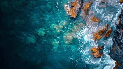Aerial view of a rugged coastline with turquoise waters and orange-hued rocks.