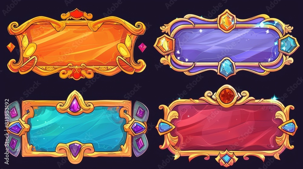Poster decorative line divider label set with gem stone hud for mobile app. golden fantasy game border ui b
