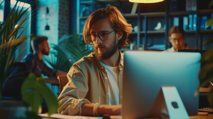 Fototapeta premium Young Stylish Man Working on a Laptop Computer in Marketing Company. Long-haired Bearded Specialist Sits at a Desk in Creative Agency. Office Team Members in the Background.