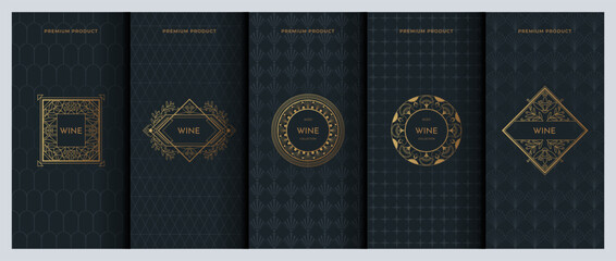 Wine label design. Premium product sticker. Jewelry ornament. Modern luxury background. Gold box package. Floral art deco frame with drink logo. Vector packaging decoration templates set