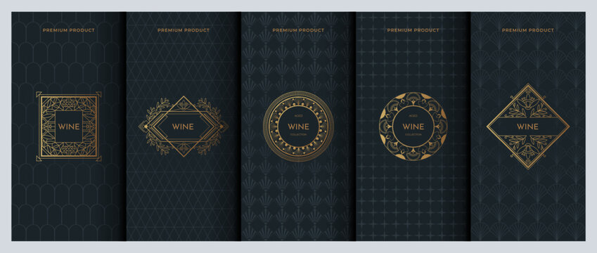 Wine label design. Premium product sticker. Jewelry ornament. Modern luxury background. Gold box package. Floral art deco frame with drink logo. Vector packaging decoration templates set