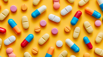 Top view: Array of colorful pills on a yellow surface, depicting diverse medications