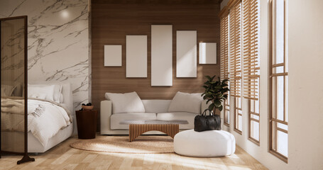 Bedroom minimal Modern wall and wooden tiles floor.