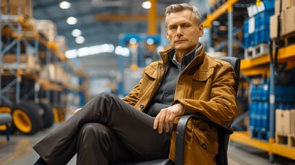 Mature businessman in a brown jacket sitting confidently on a chair in an industrial warehouse, pondering.