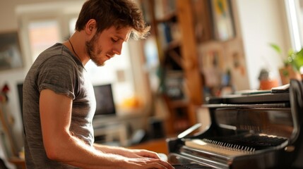 Man focused on playing a grand piano in a warmly lit room, with a cell phone in the foreground. - Powered by Adobe