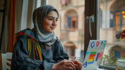 Studying at home before exams in school, a happy Arab student in a hijab works on a laptop computer with LGBTQ support stickers. Picture taken from apartment window.