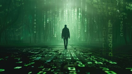 walking man, Green number and code matrix background,