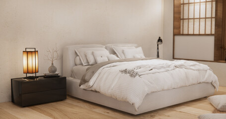 Bedroom minimal Modern wall and wooden tiles floor.