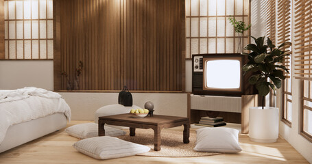Cabinet room wooden interior wabisabi and armchair sofa and decoration japanese style.
