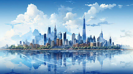 Obraz premium The Skyscrapers Reflect on Calm River Water Cityscape Vibrant Blue Color Oil Painting on Canvas