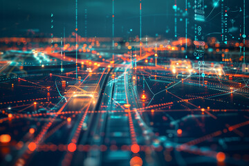 Double exposure of a global logistics network, its complex routes and nodes blending with a digital tracking system, emphasizing AI's role in optimizing supply chains and delivery systems.