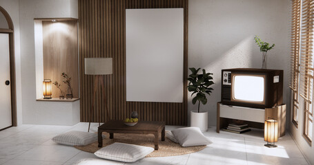 Old TV on canbinet low table in room Japanese style with lamp.