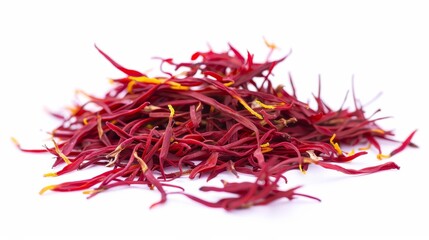 A pile of red saffron threads isolated on a white background.