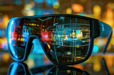 Glasses reflecting a futuristic augmented reality display.