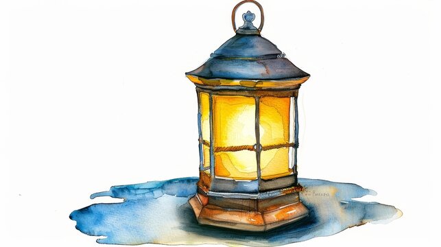 A beautiful watercolor painting of a lantern. The lantern is glowing with a warm light.