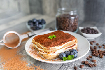 Homemade tiramisu cake . Food background. Sweet Italian dessert . 