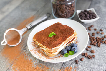 Homemade tiramisu cake . Food background. Sweet Italian dessert . 