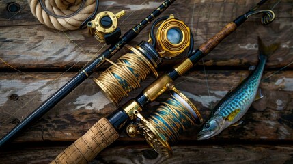 A detailed view of a fishing rod placed on a textured wooden surface, highlighting the intricate details of the rod.