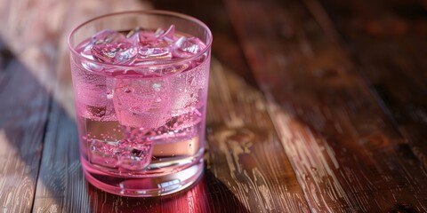 A glass filled with pink liquid on a wooden table. Suitable for food and drink concepts - Powered by Adobe