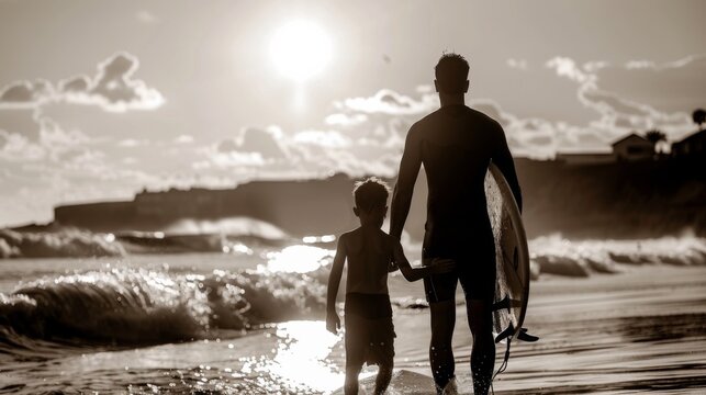 Silhouette of a father holding a surfboard and walking with his child on the beach at sunset, with waves and sun in the background.