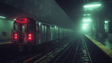Fototapeta premium A train descends tracks beside a red-lit station's end
